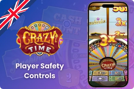 UKGC responsible gambling interface displaying deposit limits, session timers and self-exclusion options for Crazy Time UK players